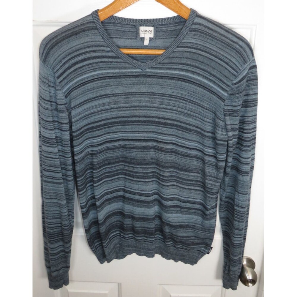 Armani Collezioni Men's V-Neck Striped Sweater Slim Fit Cotton Blend Medium